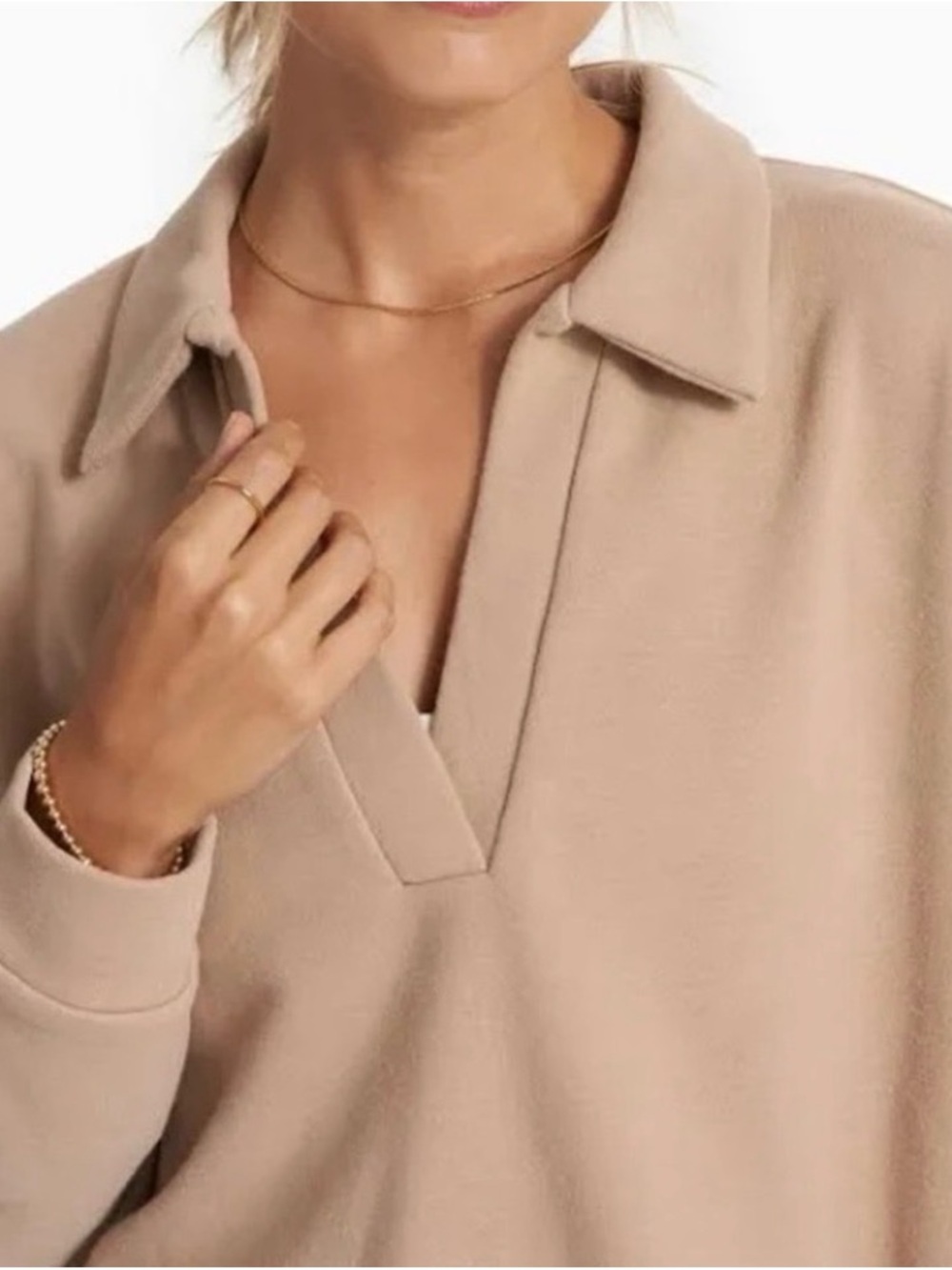 Vuori Sedona Polo Cropped Taupe Beige Relaxed Collared Pullover Sweatshirt M - Picture 2 of 8